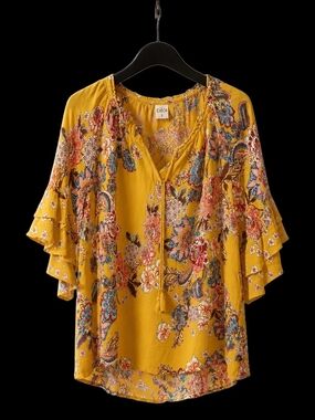 Bila Yellow Floral Tassel V-Neck Ruffle Sleeve Blouse